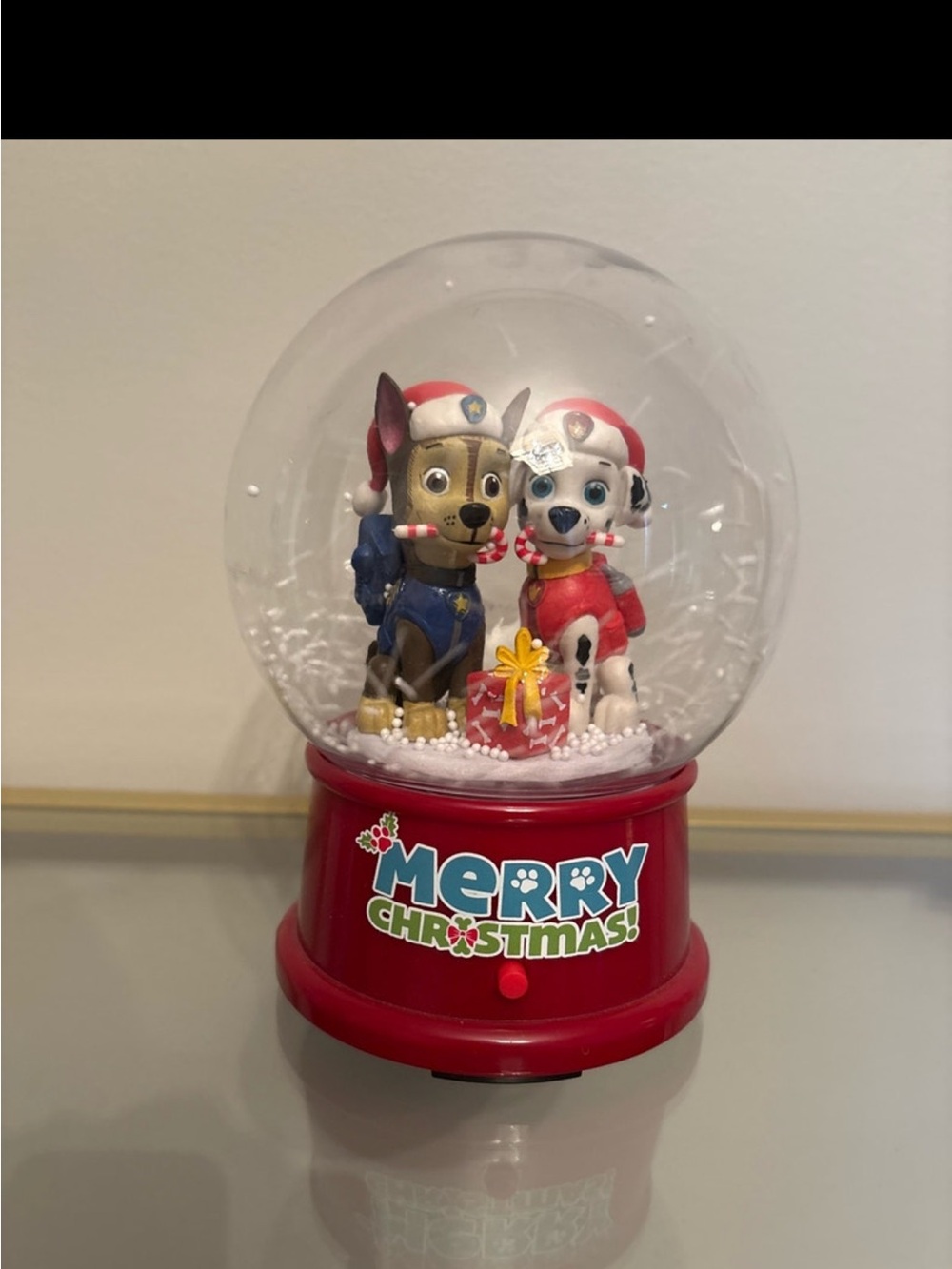 Paw Patrol Holiday Snow Globe with Red Base and Blue & Red Figures
